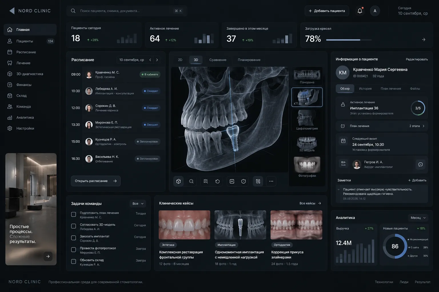 Nord Clinic — цифровой рабочий стол клиники: расписание, 3D-диагностика, карточки пациентов и аналитика